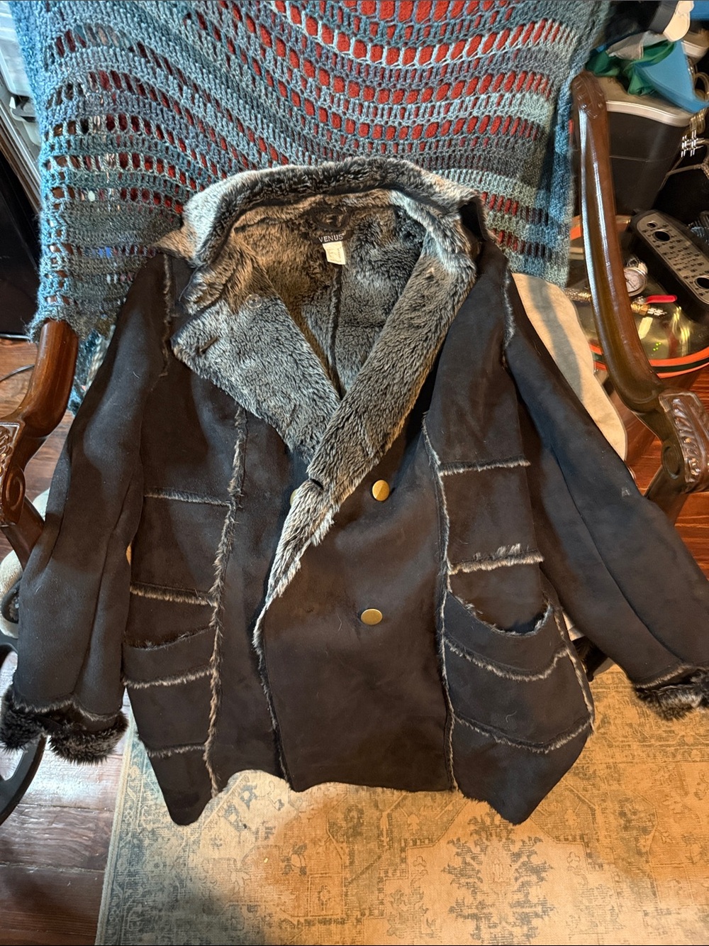 VENUS Black Faux Shearling-Lined Leather Jacket